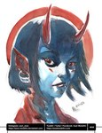 2_horns bangs blue_body blue_eyebrows blue_hair blue_skin clothing ear_piercing ear_ring eyebrows eyelashes female female_humanoid hair horn humanoid_pointy_ears light lips medium_hair number piercing pointy_ears red_clothing red_ears red_eyes red_horn red_lips red_shirt red_topwear ring_piercing shirt simple_background solo text_box topwear white_background axelmedellin demon demon_humanoid humanoid 2025 artist_name bust_portrait colored dated english_description lighting portrait shaded signature traditional_media_(artwork) watercolor_(artwork)