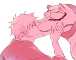 duo kissing male male/male romantic romantic_couple shinigami_uniform simple_background white_background adjuchas bleach_(series) grimmjow_jaegerjaquez ichigo_kurosaki felid hollow_(bleach) human mammal pantherine