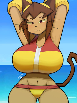 anthro big_breasts breasts brown_body brown_ears brown_fur brown_hair brown_tail clothing female fur hair smug_face solo tail thick_thighs yellow_clothing rizal_ok gameoverse glitch_productions kit_bodega domestic_cat felid feline felis mammal 3:4 absurd_res hi_res signature
