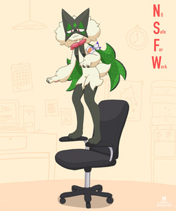 ambiguous_gender anthro calendar chair choice_band claws clock computer electronics fur furniture green_body green_fur green_hair hair office office_chair pawpads paws pink_eyes solo tail text water_cooler razgrizdl nintendo pokemon rose_(razgrizdl) felid feline generation_9_pokemon mammal meowscarada pokemon_(species) 2025 5:6 english_text hi_res signature female_(lore)