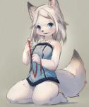 4_fingers anthro blue_clothing blue_dress blue_eyes blush breasts clothed clothing dipstick_ears dipstick_tail dress ear_markings female fingers fur grey_background hair kemono kneeling looking_at_viewer markings monotone_hair multicolored_ears multicolored_tail open_mouth red_string red_string_of_fate ribbons simple_background small_breasts solo tail tail_markings tube_dress white_body white_fur white_hair young young_anthro young_female lcshian canid canine canis domestic_dog mammal digital_media_(artwork) shaded