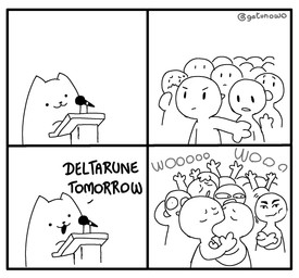 :3 ambiguous_gender biped border cheering crossed_arms dialogue electronics excited feral group humor kissing microphone open_:3 podium pointy_ears prick_ears semi-anthro standing swooning text white_border gatunowo deltarune deltarune_tomorrow_(meme) roblox_man_face undertale_(series) yoshi_and_toad_kissing annoying_dog_(undertale) canid canine canis domestic_dog human mammal 2025 artist_name black_and_white comic english_text hi_res monochrome