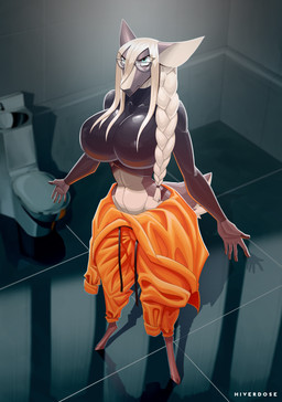 anthro arms_out arms_outstretched belly big_breasts blue_eyes braided_hair breasts clothing countershade_belly countershading detailed_background drawstring ears_outwards eyewear female fingers frown glasses hair hooved_fingers hooves jumpsuit jumpsuit_down long_hair long_sleeve_shirt long_sleeves looking_at_viewer looking_up looking_up_at_viewer midriff nipple_outline oversized_clothing pivoted_ears platinum_blonde prison prison_uniform prisoner reflective_floor scowl scut_tail short_tail sink solo tail tight_clothing tight_topwear toilet topwear white_hair hiverdose sahra_(hiverdose) deer mammal digital_media_(artwork) hi_res