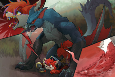 anal anthro anthro_on_feral anthro_penetrated bestiality blood bodily_fluids duo erection feral feral_penetrating feral_penetrating_anthro fur genitals male male/male male_penetrated male_penetrating nude penetration penis sex spiked_penis spikes spikes_(anatomy) wings tenebscuro capcom monster_hunter canid canine canis flying_wyvern mammal nargacuga wolf hi_res