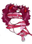 anthro arms_tied bdsm belly big_belly big_breasts bound breasts curvy_figure female fur hair hair_over_eye heart_(marking) horn huge_breasts markings one_eye_obstructed slightly_chubby slightly_chubby_female solo thick_thighs voluptuous whiskers white_body white_fur anonymous_artist rexa_(character) domestic_cat felid feline felis mammal hi_res