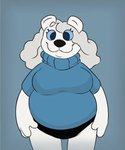 anthro belly belly_tuft big_breasts black_clothing black_nose black_panties black_underwear blue_clothing blue_eyes blue_sclera blue_sweater blue_topwear breast_jiggle breasts clothed clothing clothing_lift eye_through_hair eyelashes featureless_breasts female fluffy_arms front_view fur grey_hair hair jiggling looking_at_viewer navel navel_tuft overweight overweight_female panties shirt shirt_lift simple_background slightly_chubby slightly_chubby_female smile smiling_at_viewer solo standing sweater topless topwear translucent translucent_hair tuft underwear undressing white_body white_fur white_hair denaturedalbumin mave_(denaturedalbumin) bear mammal polar_bear ursine 2019 2d_animation animated frame_by_frame short_playtime