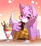 abstract_background anthro arm_support black_claws claws cookie cutlery dessert eating food food_in_mouth front_view fur hair ice_cream kitchen_utensils leaning_on_elbow male nude pillow pink_body pink_eyes pink_fur pink_hair short_hair solo spoon tools white_body white_fur yellow_pillow papayafurry canid mammal 2022 dated hi_res signature