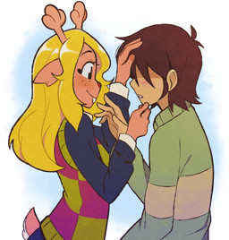 ambiguous_gender ambiguous_human anthro antlers black_eyes blonde_hair blush breasts brown_body brown_hair clothed clothed_anthro clothed_female clothed_human clothing duo eyelashes female female_anthro freckled_face freckles hair hair_over_eyes hand_on_another's_head hand_on_head horn long_sleeves red_nose simple_background smile sweater tail teeth topwear jeffmiga_(artist) deltarune undertale_(series) kris_dreemurr noelle_holiday deer human mammal new_world_deer reindeer 2025 absurd_res digital_media_(artwork) hi_res