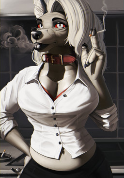 aged_up anthro big_breasts black_lips bra bra_peek breasts cigarette cleavage clothed clothing collar deep_navel detailed_navel eyebrow_piercing eyebrow_ring facial_piercing female fully_clothed lips mature_female midriff navel piercing ring_piercing shirt slightly_chubby smoke smoking solo thick_bottom_lip topwear underwear akkusky hellaverse helluva_boss loona_(helluva_boss) canid canine mammal 2022 absurd_res hi_res