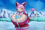 3:2 absurd_res anthro between_breasts big_breasts blue_body breasts christmas christmas_clothing clothing duo female generation_3_pokemon generation_4_pokemon hair hi_res holidays huge_breasts luna_the_skitty male male/female mountain nintendo outside pink_body pink_hair pokemon pokemon_(species) remn_the_shinx remnartx shinx size_difference skitty smaller_male snow starstrikex steam tan_body