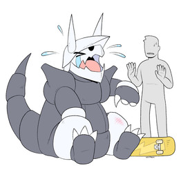 anthro bodily_fluids crying duo humor male metallic_body scraped_knees simple_background skateboard tears text vehicle white_background nostrem game_freak nintendo pokemon aggron generation_3_pokemon human mammal pokemon_(species) artist_name colored