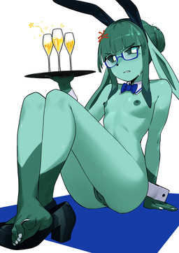 alcohol annoyed anthro anthrofied anus bangs beverage blue_body blue_fur blue_hair bodily_fluids bow_tie breasts bunny_costume champagne champagne_glass clothing container costume cup drinking_glass eyewear fake_ears fake_rabbit_ears feet female footwear frown fur genitals glass glass_container glass_cup glasses hair hair_bun high_heels humanoid_feet long_ears looking_at_viewer mole_under_eye mostly_nude_female nipples non-mammal_nipples plantigrade pokemorph serving_tray shirt_collar shirt_cuffs shoes slim_anthro slim_female small_breasts soles solo sweat toes vulva wearing_glasses yagihorns nintendo pokemon viridian_(yagihorns) eeveelution generation_4_pokemon glaceon pokemon_(species) absurd_res hi_res