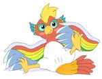 avian blush danel dyna_blade dyna_blade_(species) embarrassed feathers female feral genitals kirby_(series) multicolored_body multicolored_feathers nintendo pussy rainbow_body rainbow_feathers simple_background solo spread_legs spreading white_background white_body white_feathers