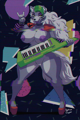 anthro areola armwear big_breasts black_background bracelet breasts clothing collar ear_piercing ear_ring eyelashes eyeshadow facial_markings female footwear fur genitals gesture green_highlights hair head_markings high_heels highlights_(coloring) holding_musical_instrument holding_object huge_breasts jewelry keyboard_instrument keytar lipstick long_hair looking_at_viewer makeup markings mostly_nude musical_instrument nipples open_mouth pattern_armwear pattern_background pattern_clothing piercing platform_footwear platform_heels purple_areola purple_armwear purple_body purple_clothing purple_eyeshadow purple_fur purple_lipstick purple_nipples purple_vulva red_clothing red_footwear red_shoes ring_piercing shoes simple_background solo studded_bracelet studded_collar studded_jewelry studs thick_thighs vulva white_body white_fur white_hair wide_hips yellow_eyes emulsified_bungus nightfaux five_nights_at_freddy's five_nights_at_freddy's:_security_breach scottgames steel_wool_studios roxanne_wolf canid canine canis mammal wolf 2022 2:3 artist_collaboration digital_media_(artwork) hi_res