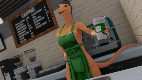 anthro apron apron_only beverage big_breasts breasts clothed clothing coffee eyebrows female fingers hair raised_eyebrow solo tail text wide_hips adm clawdia_(adm) dinosaur dromaeosaurid prehistoric_species reptile saurischian scalie theropod troodon troodontid velociraptor 16:9 2025 3d_(artwork) absurd_res blender_(artwork) blender_eevee_(artwork) digital_media_(artwork) english_text hi_res widescreen
