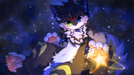 4_fingers :3 anthro biped black_body black_fur blue_eyes blush blush_lines chest_tuft cosmic_background fingers floating fluffy fluffy_tail fur green_eyes heterochromia inner_ear_fluff kemono male multicolored_body multicolored_fur pawpads paws solo space space_background star tail tuft white_body white_fur hlg7777 canid canine canis mammal wolf 16:9 2026 cel_shading digital_drawing_(artwork) digital_media_(artwork) shaded wallpaper widescreen