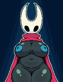 anthro areola big_breasts black_body black_eyes blue_areola blue_nipples breasts cloak cloak_only clothing empty_eyes female front_view genitals inverted_nipples navel nipples pink_cloak pink_clothing solo thick_thighs vulva white_body wide_hips ekumea hollow_knight_(franchise) team_cherry hornet_(hollow_knight) arthropod insect absurd_res digital_media_(artwork) hi_res pixel_(artwork)