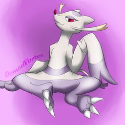 3_toes ambiguous_gender anthro barbel_(anatomy) claws feet flesh_whiskers gradient_background half-closed_eyes looking_at_viewer narrowed_eyes purple_background purple_body red_eyes simple_background sitting smile smiling_at_viewer solo tail text toes white_body yellow_body domedvortex nintendo pokemon generation_5_pokemon mienshao pokemon_(species) 1:1 artist_name hi_res