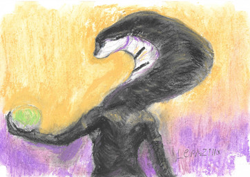 anthro biped black_body blue_eyes breasts female fingers holding_object pupils snake_hood solo standing text white_sclera leprzil laura_(leprzil) cobra reptile scalie snake 2026 english_text hi_res signature traditional_media_(artwork)