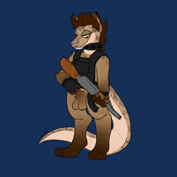 ak-47 ak_platform animal_genitalia anthro assault_rifle balls brown_body brown_fur brown_scales clothing collar fur fur_and_scales genitals gloves gun handwear male mohawk penis penis_tip ranged_weapon rifle scales sheath solo spiked_collar spikes ventral_scales weapon kiwiscribbles fallout microsoft canid canine canis coyote hybrid mammal night_stalker_(fallout) pit_viper reptile scalie snake viper 1:1 alpha_channel hi_res