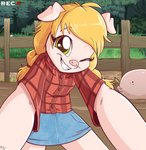 anthro anthro_focus blonde_hair bottomwear clothed clothing digital_media_(artwork) domestic_pig duo female feral freckles fuf green_eyes hair hi_res mammal mud one_eye_closed outside pink_body pink_skin skirt smile solo_focus suid suina sus_(pig) wink young