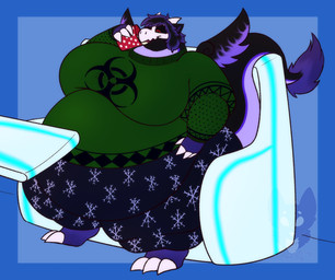 3_claws 3_toes 4_claws 4_fingers anthro belly big_belly big_breasts biped black_body black_wings bone breasts claws drinking eggnog feet finger_claws fingers huge_belly huge_breasts huge_thighs male male_anthro obese obese_anthro obese_male overweight overweight_anthro overweight_male sitting skull skull_head snowflake snowflake_pattern snowflake_print solo thick_thighs toe_claws toes wings strawberrymilkdog mythology violet_(frenchiekrueger) dragon mythological_creature mythological_scalie scalie skull_dragon hi_res watermark busty_boy_(lore)
