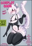 blush bodily_fluids bodysuit brap clothed clothing comic cosplay_game cover cover_art cover_page crossdressing felid femboy hair hi_res legwear male mammal nier nier_automata nipples orcalx pantherine pinup platinumgames pose qr_code skinsuit smile solo stockings stripes sweat tail text tiger tight_clothing white_body white_hair wide_hips yorha_2b zelles