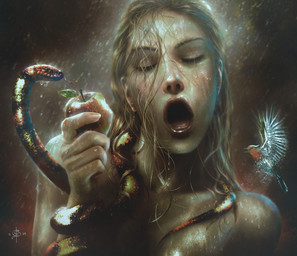 apple eyes_closed female fingernails food fruit human_focus implied_nudity multicolored_body multicolored_scales nails not_furry not_furry_focus open_mouth plant raining red_body red_scales scales yellow_body yellow_scales deadintheattic bible eve_(biblical_figure) serpent_(book_of_genesis) avian bird human mammal reptile scalie snake 2009