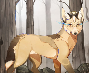 amber_eyes ambiguous_gender black_nose day detailed_background feral forest fur no_sclera outside plant quadruped solo standing tan_body tan_fur tree whiskers maplespyder canid canine canis coyote mammal 2015 digital_media_(artwork) digital_painting_(artwork) painting_(artwork)
