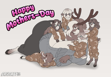 age_difference anthro big_breasts biped bottomwear breasts brown_hair cleavage clothed clothing cloven_hooves female group hair holidays hooves huge_breasts larger_female lying male mature_female multicolored_body older_female pajamas size_difference smaller_male standing tail tail_tuft thick_thighs topwear tuft white_body white_hair young younger_male casloafy mother's_day deer mammal new_world_deer reindeer absurd_res hi_res mother_(lore) mother_and_child_(lore) mother_and_son_(lore) parent_(lore) parent_and_child_(lore) parent_and_son_(lore) son_(lore)