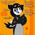 1:1 alternate_universe anthro apron avian beak black_body black_eyes black_feathers black_hair black_sclera blush cheerie clothing dialogue dreemurr_reborn dsp2003 english_text eyelashes feathers female hair humor offscreen_character solo speech_bubble text undertale undertale_(series)