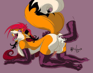 all_fours anal anal_fisting anal_penetration anthro anus armwear backsack balls blush butt chest_tuft clothed clothing crossdressing disembodied_hand duo elbow_gloves erection eyeliner feet femboy fisting fluffy fluffy_tail fur genitals gloves hair handwear hindpaw humanoid_pointy_ears latex legwear long_hair lube makeup male nude open_mouth paws penetration penis pirate pointy_ears purple_background raised_tail red_hair sex simple_background stockings stripes tail teeth tongue tongue_out tuft jayron jakefox canid canine fox mammal 2007 colored