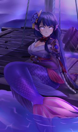 alternate_species breasts cleavage clothed clothed_female clothing ear_fins female fin hair mermaidification partially_submerged purple_eyes purple_hair purple_tail sitting solo split_form tail water zephylyne genshin_impact mihoyo raiden_shogun aquatic humanoid_merfolk merfolk 2025 absurd_res hi_res