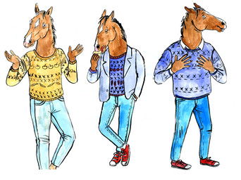 anthro black_mane blue_bottomwear blue_clothing blue_jeans blue_pants blue_sweater blue_topwear bottomwear brown_body brown_fur clothing denim denim_bottomwear denim_clothing eating eating_food footwear fur grey_clothing grey_jacket grey_topwear humanoid_hands jacket jeans male mane multiple_poses pants pose red_clothing red_footwear red_shoes red_sneakers shoes simple_background sneakers snout solo sweater topwear white_background yellow_clothing yellow_sweater yellow_topwear lisa_hanawalt bojack_horseman netflix bojack_horseman_(character) equid equine horse mammal concept_art full-length_portrait hi_res painting_(artwork) portrait three-quarter_portrait watercolor_(artwork)
