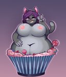 anthro belly big_belly big_breasts breasts candy cupcake deep_navel dessert eyewear female food fruit gesture glasses gradient_background hair hand_gesture lollipop navel nipples nude overweight overweight_female pattern_background pink_nose plant purple_hair simple_background smile solo strawberry v_sign indfx tiffany_(xausr32) domestic_cat felid feline felis mammal tuxedo_cat hi_res