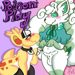 anthro clothing collar duo female fur green_body green_fur legwear long_socks male male/female nervous nervous_male nervous_smile poison poisoned thigh_highs white_body yellow_body createdbyniya nintendo pokemon fan_character generation_1_pokemon nidorina pokemon_(species) vulpix 1:1 comic cover cover_art cover_page hi_res
