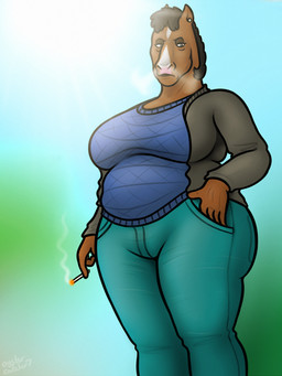 anthro big_breasts breasts brown_body brown_fur cigarette clothing crossgender female fur mature_anthro mature_female mtf_crossgender slightly_chubby slightly_chubby_anthro slightly_chubby_female solo sweater topwear wide_hips oystercatcher7 bojack_horseman netflix bojack_horseman_(character) equid equine horse mammal 2025 3:4 absurd_res hi_res