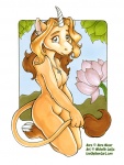 anthro biped blonde_hair breasts brown_hair ear_piercing ear_ring female flower hair horn jewelry kneeling looking_at_viewer necklace nipples nude piercing plant ring_piercing shy smile solo tail yellow_body yellow_skin caliosidhe mythology aura_(character) equid equine mammal mythological_creature mythological_equine unicorn