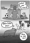 ambiguous_gender ball cage comic cricetid dialogue domestic_cat english_text felid feline felis feral greyscale hamster human jenny_jinya loving_reaper male mammal monochrome rodent size_difference soccer_ball text