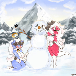anthro big_breasts blue_body blue_fur bone_collar_tag breasts claws collar collar_tag day duo female fur halo mountain naturally_censored nipple_tuft outside plant red_body red_fur sky smile snow snowman spiked_collar spikes tail thick_thighs tree tuft white_body white_fur wide_hips salchikokokoko nintendo pokemon avian bird generation_7_pokemon lycanroc midnight_lycanroc pokemon_(species) shiny_pokemon 1:1 hi_res