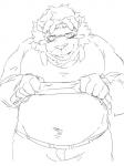 anthro belly blush bottomwear clothed clothing eyewear glasses humanoid_hands kemono male navel open_clothing open_shirt open_topwear overweight overweight_anthro overweight_male pants shirt solo topwear train5 train_(artist) felid lion mammal pantherine 2020 3:4 hi_res monochrome