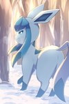 ambiguous_feral ambiguous_gender blue_body blue_ears blue_fur blue_sclera blue_tail breath butt closed_smile day digitigrade feral forest fur light looking_at_viewer looking_back looking_back_at_viewer mouth_closed outside plant quadruped smile snow solo sunlight tail tree white_eyes rumine nintendo pokemon eeveelution generation_4_pokemon glaceon pokemon_(species) 2025 hi_res lighting shaded