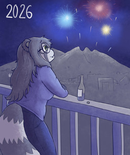 anthro beverage_bottle big_tail biped bottle bottomwear breasts clothing container eyewear fangs female fireworks fur fur_markings glasses green_eyes hair holidays hoodie leaning long_hair markings outside pants solo tail teeth topwear wearing_glasses pabord new_year ritsuko_(pabord) bear giant_panda mammal 2026 absurd_res digital_drawing_(artwork) digital_media_(artwork) hi_res