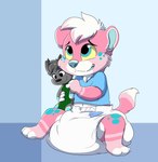 anthro baby bent_arm blue_clothing blue_eyes blue_inner_ear blue_shirt blue_spots blue_topwear clothed clothing diaper diaper_change_request embarrassed full_diaper fur fur_markings hair holding_object holding_plushie implied_messy_diaper implied_pooping legs_in_air looking_up male markings multicolored_body multicolored_fur pantsless pink_body pink_fur plushie shirt sitting_on_diaper soiled_diaper solo spots spread_legs spreading tail topwear two_tone_body two_tone_fur unclean_diaper used_diaper white_body white_fur white_hair young young_anthro young_male baltnwolf raizu_(paddedraizu) hyena mammal hi_res