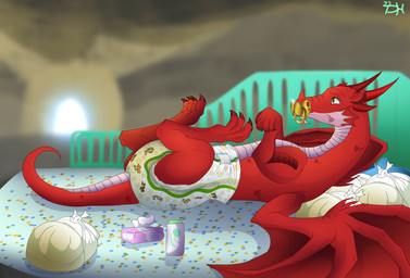 bodily_fluids diaper diaper_fetish feral genital_fluids macro male object_in_mouth pacifier pacifier_in_mouth solo unclean_diaper urine used_diaper using_diaper wet_diaper wetting wetting_diaper thediaperhorsey crinklz mythology ryuu_(thediaperhorsey) dragon mythological_creature mythological_scalie scalie absurd_res hi_res