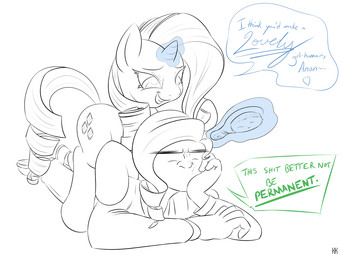 angry brush cutie_mark duo female feral hairbrush horn lying magic male on_front profanity quadruped smile tail text kidkaizer friendship_is_magic hasbro my_little_pony mythology anon rarity_(mlp) equid equine human mammal mythological_creature mythological_equine unicorn 2013 4:3 english_text line_art monochrome signature
