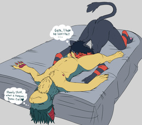 anthro black_body black_fur dialogue duo erection eyes_closed female foreskin fur genitals hair heart_symbol humanoid_genitalia humanoid_penis implied_rimming loli long_foreskin lying male male/female navel nipples nude on_back oral penis red_body red_fur shota simple_background smile tail text thought_bubble throbbing throbbing_penis unretracted_foreskin young young_anthro young_female young_male young_on_young exelzior nintendo pokemon cail_(exelzior) sam_(exelzior) generation_2_pokemon generation_7_pokemon litten pokemon_(species) quilava absurd_res digital_media_(artwork) english_text hi_res