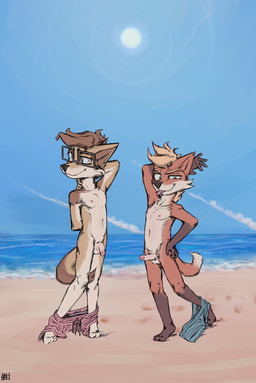 adolescent anthro balls beach biped blonde_hair blue_sky brown_hair circumcised circumcision_scar clothed clothed_anthro clothed_male clothing clothing_around_legs clothing_around_one_leg countershading detailed_background duo embarrassed erection exhibitionism eyewear flaccid foreskin fur genital_scar genitals glans glasses hair humanoid_genitalia humanoid_penis looking_aside looking_at_viewer male male/male male_anthro nipples nude outside partially_clothed penis plantigrade presenting presenting_balls presenting_genitalia presenting_penis public public_erection public_exposure scar sea seaside shota shy sky smile smiling_at_viewer sun swimming_trunks swimming_trunks_around_legs swimming_trunks_around_one_leg swimming_trunks_down swimwear swimwear_around_legs swimwear_around_one_leg swimwear_down tail tail_between_legs tongue tongue_out unretracted_foreskin water year young young_anthro young_male young_on_young leglegleg san_tejon_high milo_khembre vlad_von_knottenburg black-backed_jackal canid canine canis jackal mammal maned_wolf 2022 absurd_res dated digital_media_(artwork) hi_res signature
