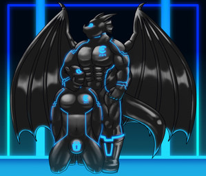anthro anthro_on_anthro black_body blue_lines claws clothing dorsal_fin dorsal_frill drone dronification duo ear_fins facial_piercing fin frill_(anatomy) horn id_number latex latex_clothing latex_skinsuit lock_bulge lock_symbol male male/male mask multicolored_body nose_piercing nose_ring null_bulge open_mouth piercing ring_piercing skinsuit spines tight_clothing wings haha-yea mythology negadrake dragon mammal mustelid mythological_creature mythological_scalie otter scalie 2025 hi_res