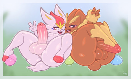 anthro balls big_balls big_butt big_penis blurred_background border brown_body brown_fur buckteeth butt day detailed_background duo easter_egg erection feet foot_fetish foot_on_penis foot_play foreskin fur genital_raphe genitals gesture glans half-closed_eyes hand_gesture holidays humanoid_genitalia humanoid_penis legs_up looking_at_viewer lying male narrowed_eyes nude on_back one_eye_closed open_mouth open_smile outside penis penis_tuck pink_glans pink_penis raphe_(anatomy) scrotal_raphe smile spread_legs spreading teeth text thick_thighs v_sign white_body white_border white_fur frumples easter nintendo pokemon cinderace generation_4_pokemon generation_8_pokemon lagomorph lopunny mammal pokemon_(species) 2024 artist_name dated digital_drawing_(artwork) digital_media_(artwork) hi_res